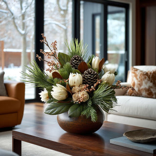 Decorative floral arrangement in a vase on a coffee table in a living room.