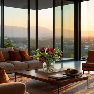 Styled_15_Burgundy_Sunflower_Premade_Floral_Arrangement Perfect for Fall home decor.