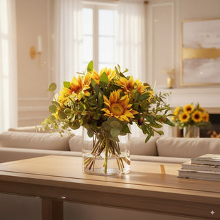 "Yellow sunflower and olive leaf faux floral arrangement in round glass vase on wood table – handcrafted décor by Biggest Little Baskets"