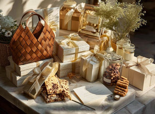 Gifting at christmas, gift baskets mixed in with christmas decor and christmas gifts with other confectionary foods