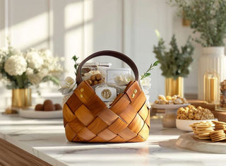 Luxury woven wooden market basket with leather handle filled with gourmet snacks and artisan treats, displayed on a marble kitchen island with soft natural light – premium corporate gift basket idea.