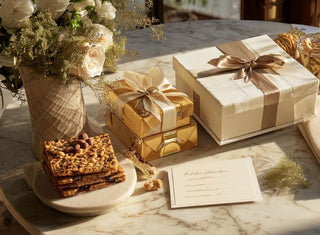 Luxury gift boxes with satin ribbons displayed with gourmet snacks and florals on a marble table – elegant curated gift basket and premium gift box idea for corporate gifting, celebrations, and thoughtful gifts.