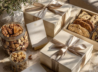 Luxury curated gift boxes with satin ribbons, gourmet cookies, mixed nuts, and artisan treats arranged on a marble table – premium gourmet gift basket idea for corporate gifting, client appreciation, and special occasions.