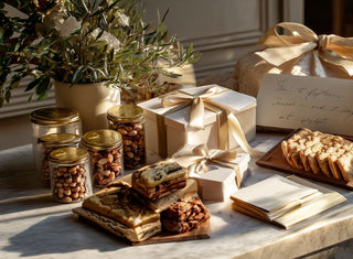 a collection of food gifts sitting on a marble table with some gift boxes surrounding the food gifts
