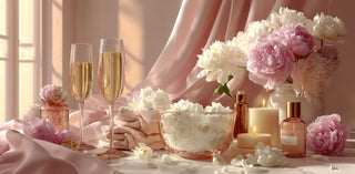 Luxury bridal shower spa gift with champagne, rose petals, bath salts, candles and white roses, elegant wedding morning self care gift for bride