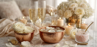 Luxury bridal spa gift set with champagne glasses, rose petal soak bowls, bath salts, candles and white roses on marble table, elegant bridal shower self care gift idea