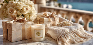 Comfort gifts with wrapped gift boxes, candle, soft throw, and cream roses styled for thoughtful get well and care package gifting