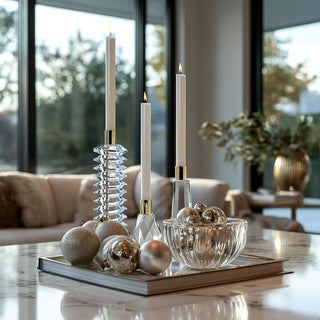 10.5-inch stacked crystal candle holder with gold accent, modern glass taper holder for elegant winter or holiday décor. 