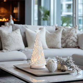16-inch clear acrylic and white LED Christmas tree with swirling water and glitter — elegant holiday décor centerpiece by Third & Main.