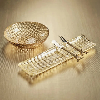 12.25" Braided Glass Tray, Gold braided glass tray styled with coordinating gold bowl and utensils, perfect for adding to hostess gifts or custom curated gift boxes by Biggest Little Baskets.