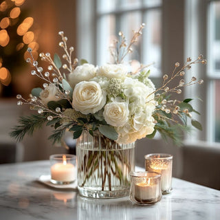 Clear and gold beaded glass berry stem with gold wire finish — elegant holiday floral accent by Biggest Little Baskets.