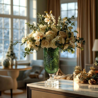 Emerald green glass hobnail vase with clear pedestal base styled with True Bloom roses in soft neutral tones on a console table in a light-filled modern living room.
Emerald green glass hobnail vase styled with florals in a sophisticated home interior featuring warm neutral furnishings and natural daylight for refined seasonal décor.