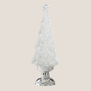 16-inch clear acrylic and silver LED Christmas tree with swirling water and glitter — elegant holiday décor centerpiece by Biggest Little Baskets.