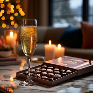 24-piece Ethel M Dark Chocolate Collection handcrafted in Nevada with assorted caramels, nuts, and satin crèmes in a luxury brown gift box with satin ribbon, perfect for elegant holiday gifting and corporate gift baskets.