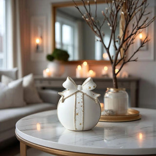 A modern cutout white porcelain LED tabletop ornament with a built-in timer. This soft-glowing holiday accent adds cozy ambiance to mantels, shelves, and entry tables. Perfect for minimalist Christmas décor, gifting, and winter styling.