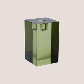Isolated product view of the 4.75-inch large square green crystal glass taper holder with polished edges and circular candle opening.