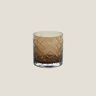 4-inch walnut-colored hand-cut glass vase or hurricane — elegant multi-use décor accent for candlelight or florals by Biggest Little Baskets.