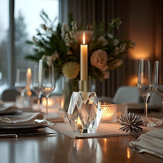 5.5-inch faceted crystal candle holder with gold accent, small dimensional crystal taper holder for modern or holiday décor.  