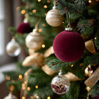 5.75-inch burgundy velvet Christmas ornament — elegant round matte holiday décor in deep wine hue by Biggest Little Baskets.