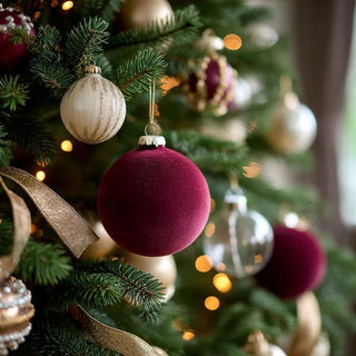 5-inch burgundy velvet Christmas ornament — elegant round holiday décor in rich matte finish by Biggest Little Baskets.