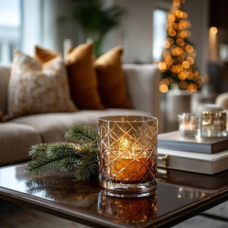 6-inch walnut-colored hand-cut glass vase or hurricane — elegant multi-use home décor piece for candlelight or florals by Biggest Little Baskets.