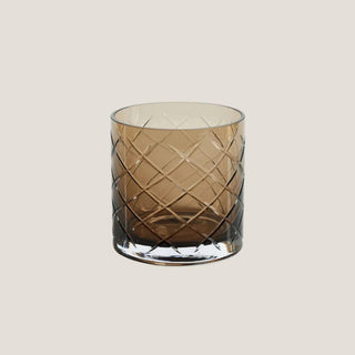 6-inch walnut-colored hand-cut glass vase or hurricane — elegant multi-use home décor piece for candlelight or florals by Biggest Little Baskets.