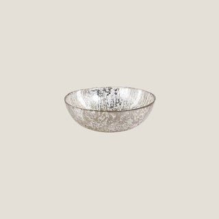 Isolated product view of a shallow 7.75-inch glass bowl with an irregular mottled gold-and-silver foiled finish.