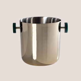Front product view of the 8.25-inch polished gold stainless steel ice bucket with two deep green resin side handles.