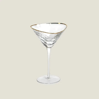 Product view of one 8.75-inch clear martini glass with a wide hammered bowl, slender stem, round foot, and fine gold rim.