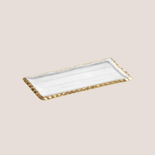Product view of the small 9-inch Juliet rectangular tray with a clear glass center and textured gold scalloped rim.