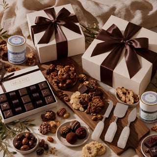 A styled photo of biggest little baskets $600 custom curated gift box featuring an assortment of gourmet chocolates, nuts, cookies, and spreads arranged on an acacia wooden board with two cream gift boxes tied by large dark brown ribbons, on a beige fabric background with alabaster cheese knives and a travertine bowl 