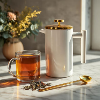 A white and gold French press sits on a marble countertop beside a glass mug of freshly brewed tea, loose leaf tea, and a gold measuring spoon, with soft sunlight and a floral arrangement in the background creating a warm, cozy atmosphere.