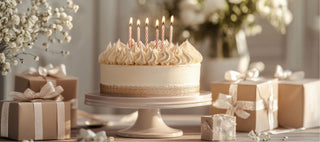 A photo of a cake with lit candles evoking a sense of gift giving. 