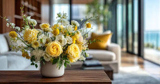 Vase of yellow and white juliette rose flowers on a wooden table in a modern living room.