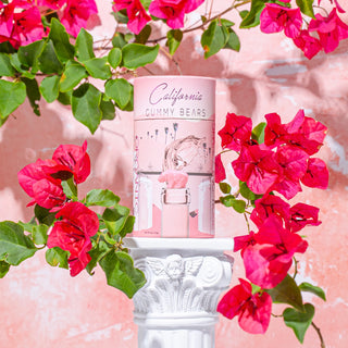 Pink cylindrical container labeled 'California Gummy Bears' surrounded by pink flowers on a pink background