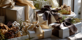 A styled beautiful luxury corporate, business and personal holiday inspired arrangement of wrapped gift boxes in white and cream tones, tied with large satin ribbons in beige, gold, and dark brown, decorated with dried botanicals and set on a table near a window. 