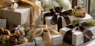 A styled beautiful luxury corporate, business and personal holiday inspired arrangement of wrapped gift boxes in white and cream tones, tied with large satin ribbons in beige, gold, and dark brown, decorated with dried botanicals and set on a table near a window. 