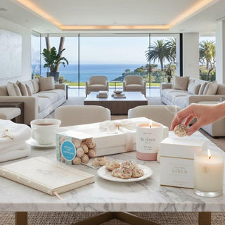 luxuriously styled birthday wishes gift box displayed on a luxury modern contemporary decor style living room. perfect for a luxury gift for women, all arranged in a beauitiful git box and shipped from reno, Nevada - shipping nationwide