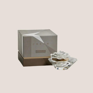 Brynn crystal and white porcelain flower diffuser with fig and vetiver fragrance oil, styled as a housewarming, host, or client gift.