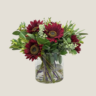 "Burgundy sunflower and eucalyptus faux floral arrangement in round glass vase with illusion water – handcrafted gift for sympathy, get well, new home, or hostess"
