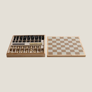 Complete burl wood chess and checkers board gift set with black and ivory chess pieces, leather-detailed checkers, and lined storage.