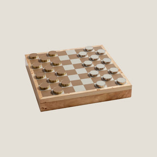 Burl wood chess and checkers game set showing the organized poly suede-lined storage for chess and checker pieces.