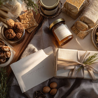 Representative $200 custom gifting tier styled with ivory wrapped boxes, cookies, crackers, a preserve jar, neutral ribbon, and greenery.