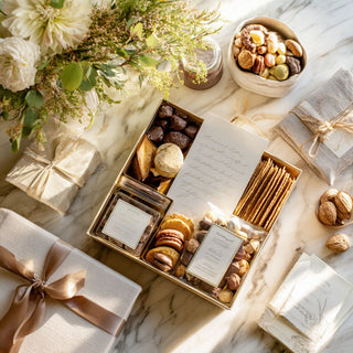 Representative $300 custom gifting tier with an open gold box of crackers, nuts, chocolates, a gift card, ivory ribbon, and white flowers on marble.