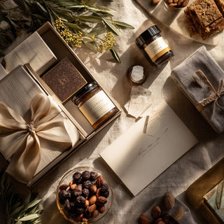 Representative $350 custom gifting tier with ribboned ivory box, dark chocolate, preserves, mixed nuts, gift note, and seasonal greenery.