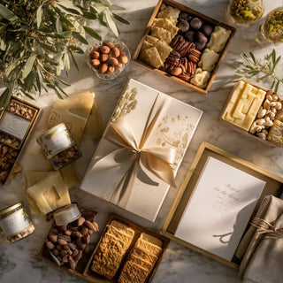Representative $400 custom gifting tier flat lay with ivory gift boxes, crackers, chocolate, nuts, preserves, ribbon, note cards, and greenery.