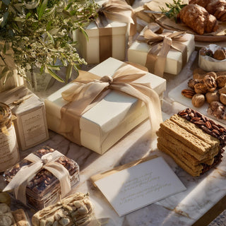 Representative $450 custom gifting tier with multiple ivory ribboned boxes, cookies, crackers, preserves, nuts, note card, and olive branches.