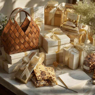 Representative $500 custom gifting tier with signature brown woven basket, ivory gift boxes, preserves, cookies, nuts, ribbon, and warm natural light.