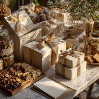 Representative $600 custom gifting tier with an abundant arrangement of ivory ribboned boxes, cookies, crackers, nuts, preserves, and handwritten notes.