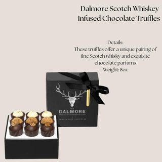 Dalmore Scotch whisky-infused chocolate truffles in a black presentation box, included in the Deluxe Sip & Savor gift box.